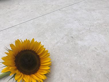 Dallage Siena effet travertin et un tournesol