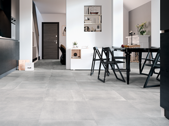 Une cuisine dans laquelle a été posé le carrelage effet béton Pure Clay.