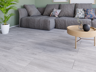 Le carrelage Country Grey dans un salon avec sofa, table et plante verte